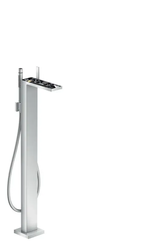 Bodenstehender Einhebel-Wannenmischer aus Chrom von AXOR mit integrierter Handbrause, geradlinigem Design und quadratischer Basis ohne herausnehmbare Platte.